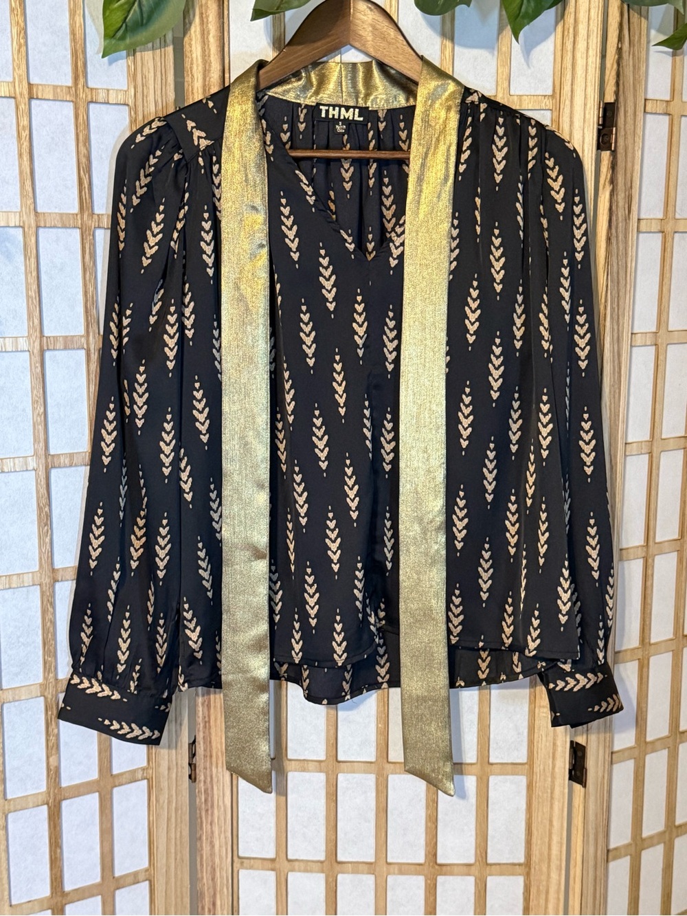 THML Black Blouse with Metallic Gold Tie